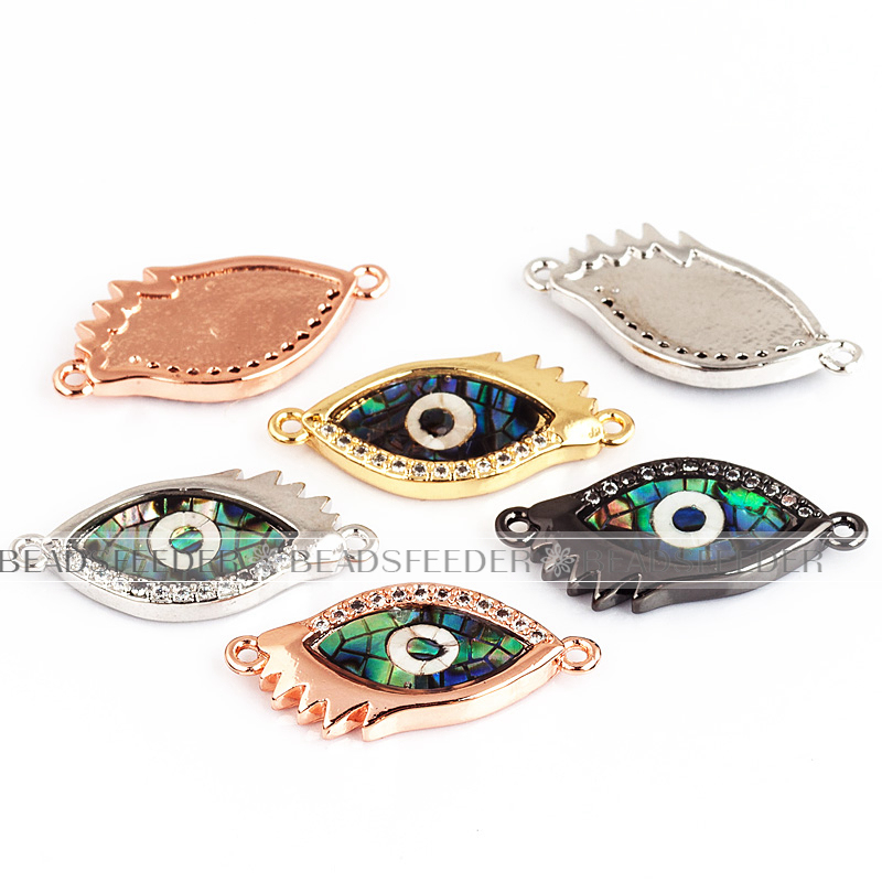 Evil eye connector，with abalone shell chips，clear CZ micro pave , space connector ,22x10mm