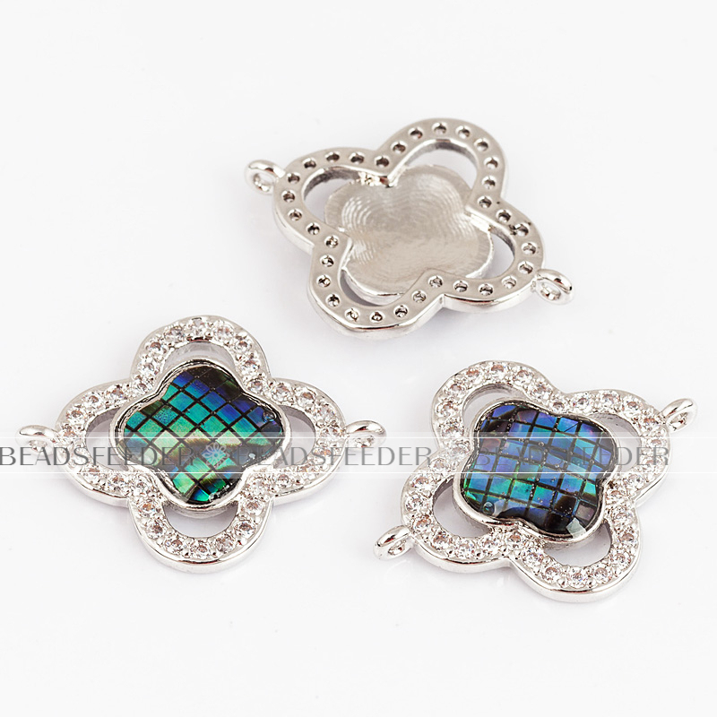 Clover flower connector，with abalone shell chips，clear cubic zirconia CZ micro pave , space connector ,22x18mm