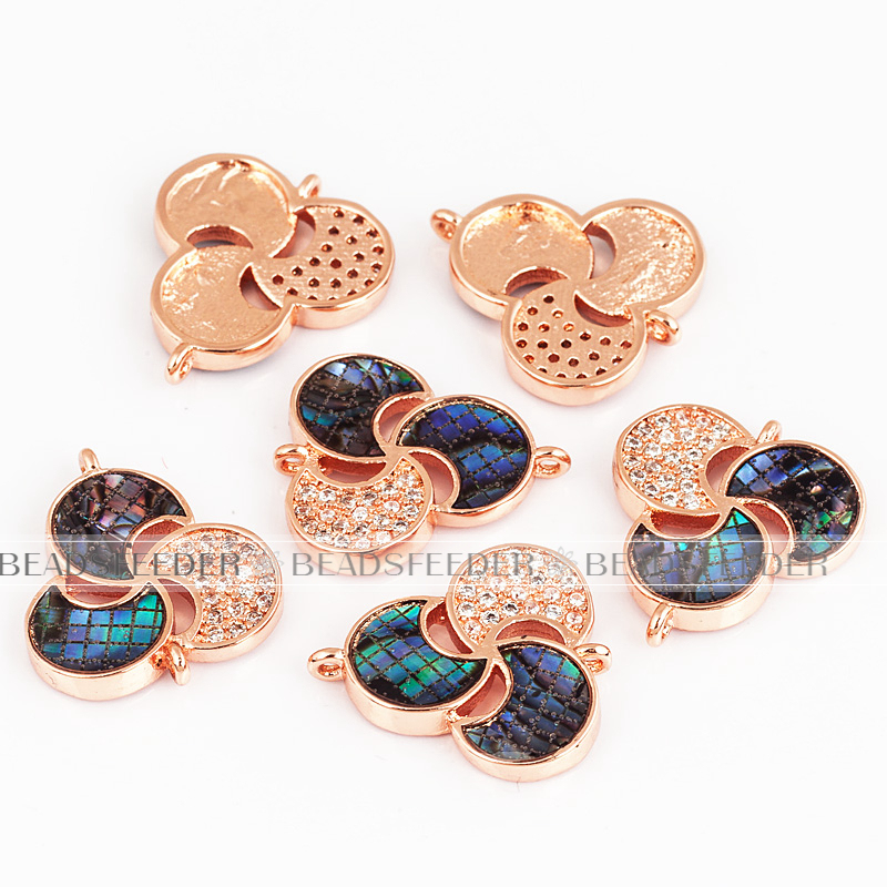 Three leaf flower connector，with abalone shell chips，clear cubic zirconia CZ micro pave , space connector ,18x16mm 1pc