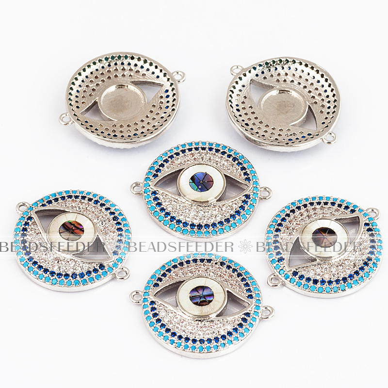 Evil eye connector，with abalone shell chips，clear CZ micro pave , space connector ,24x20mm