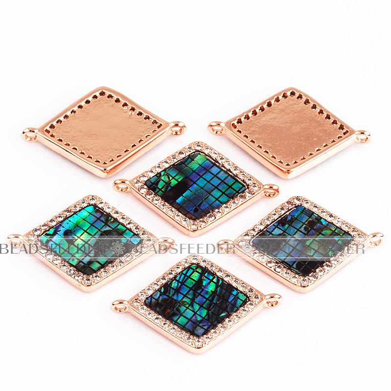 Diamond shape ring link connector，with abalone shell chips，clear cubic zirconia CZ micro pave , space connector ,22.5x15mm