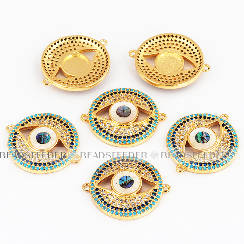 Evil eye connector，with abalone shell chips，clear CZ micro pave , space connector ,24x20mm