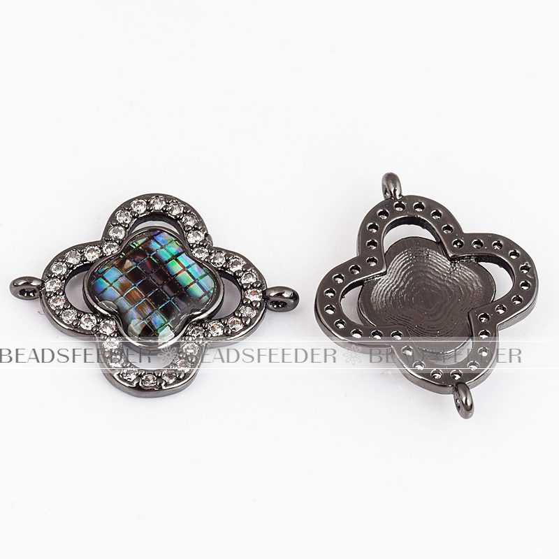 Clover flower connector，with abalone shell chips，clear cubic zirconia CZ micro pave , space connector ,22x18mm