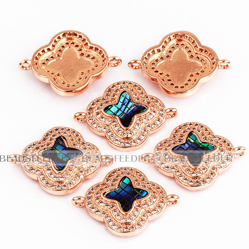 Clover flower connector，with abalone shell chips，clear cubic zirconia CZ micro pave , space connector ,20x15mm