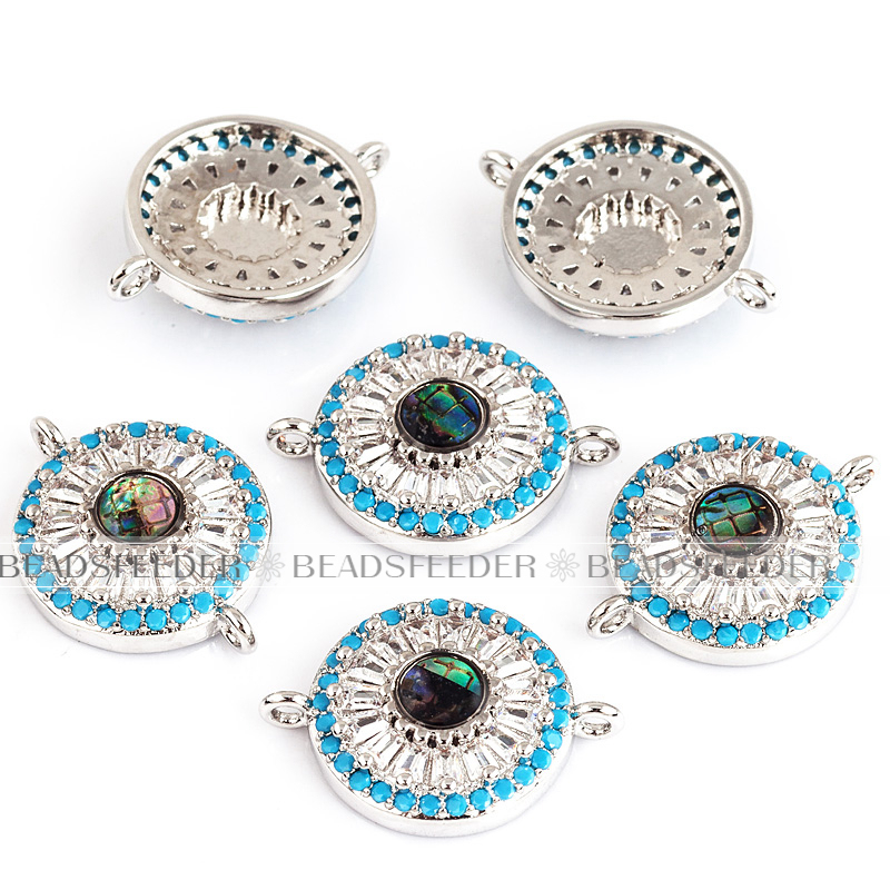 Donut evil eye connector，with abalone shell chips，clear CZ micro pave , space connector ,20x15mm