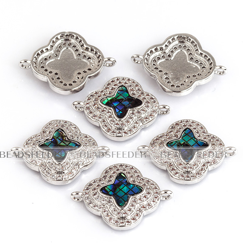 Clover flower connector，with abalone shell chips，clear cubic zirconia CZ micro pave , space connector ,20x15mm