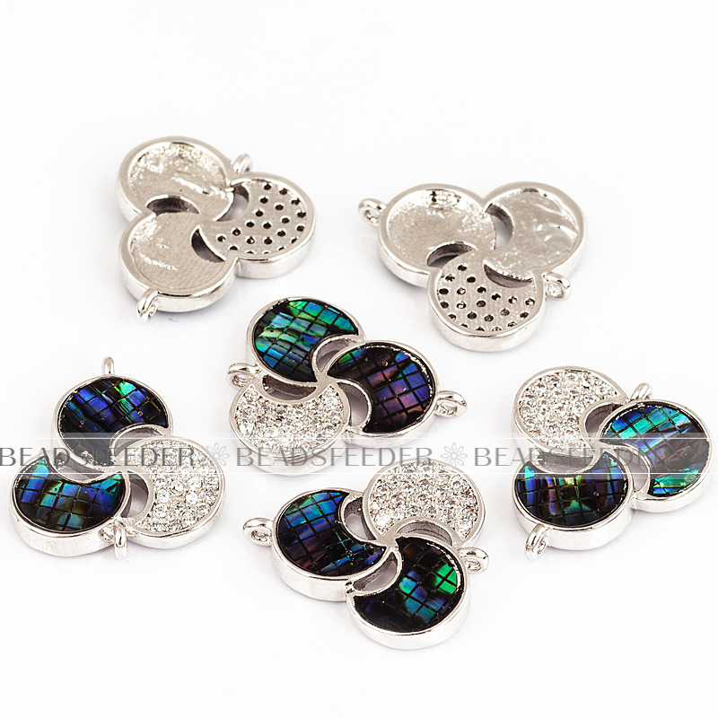 Three leaf flower connector，with abalone shell chips，clear cubic zirconia CZ micro pave , space connector ,18x16mm 1pc