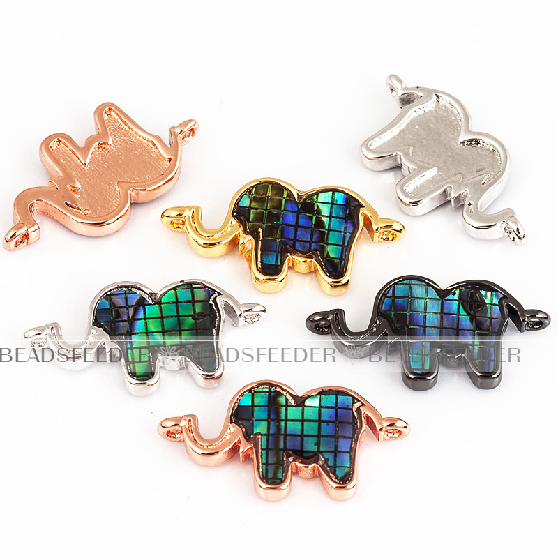 Elephant link connector，with abalone shell chips，clear cubic zirconia CZ micro pave , space connector ,20x10mm