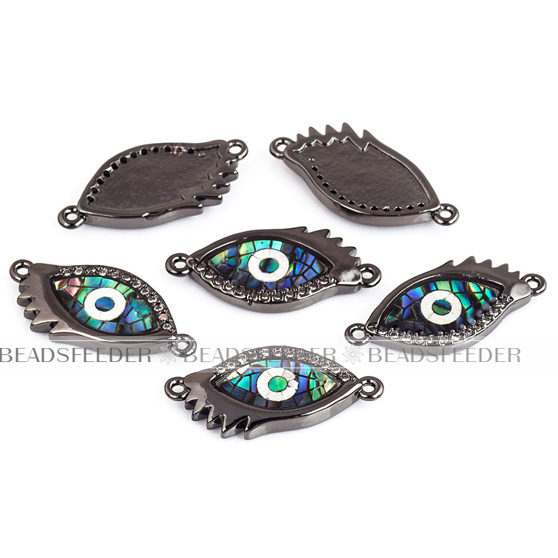 Evil eye connector，with abalone shell chips，clear CZ micro pave , space connector ,22x10mm