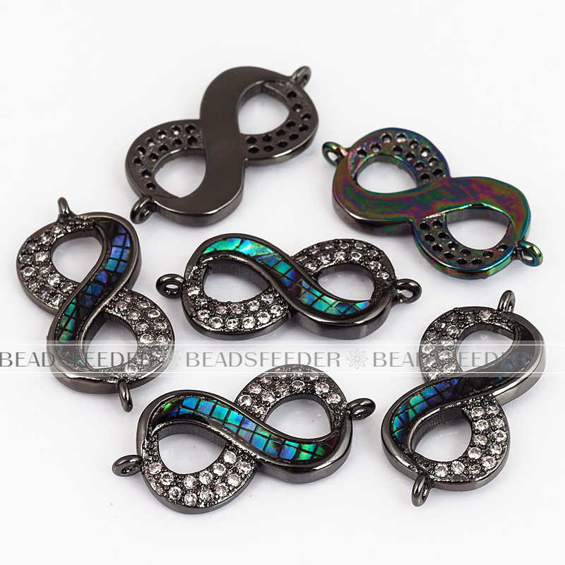 Eternity link connector，with white abalone shell chips，clear cubic zirconia CZ micro pave , space connector ,23x11mm