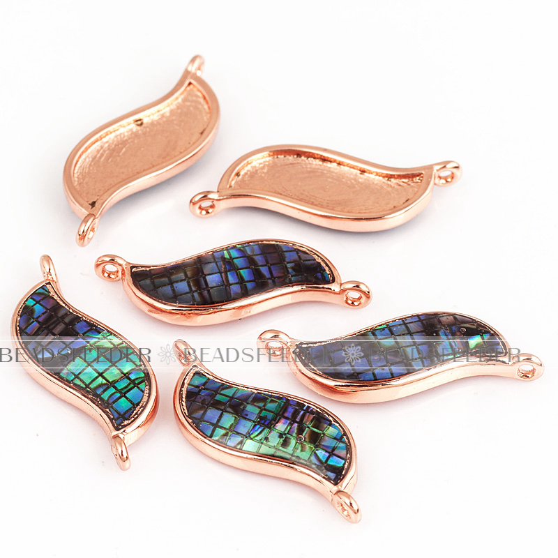 Wavy link connector，with abalone shell chips，clear cubic zirconia CZ micro pave , space connector ,22x8mm