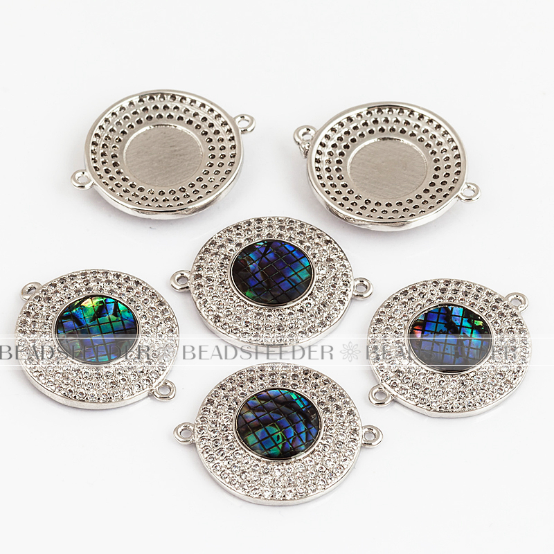 Evil eye connector，with abalone shell chips，clear CZ micro pave , space connector ,23x18.5mm