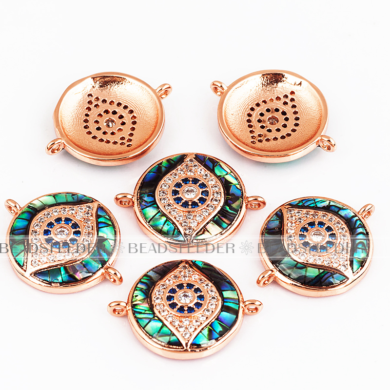 Evil eye connector，with abalone shell chips，clear CZ micro pave , space connector ,20x16mm