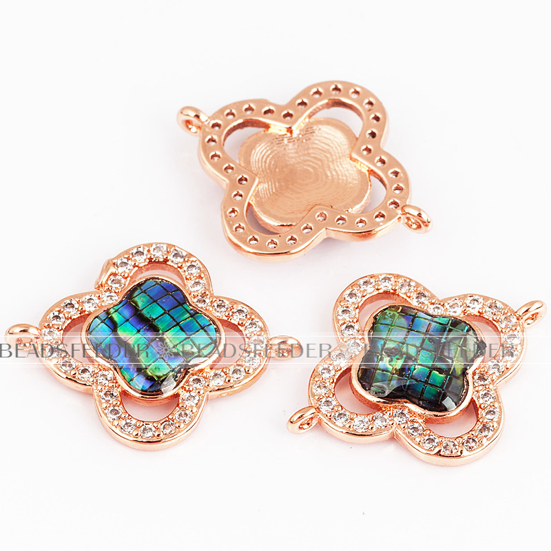 Clover flower connector，with abalone shell chips，clear cubic zirconia CZ micro pave , space connector ,22x18mm