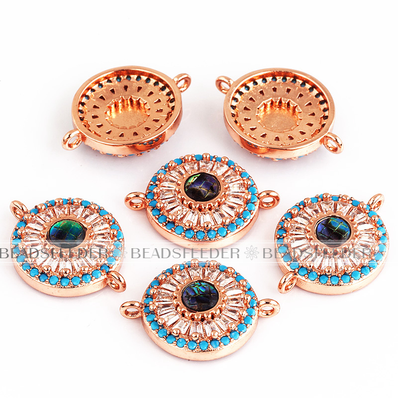 Donut evil eye connector，with abalone shell chips，clear CZ micro pave , space connector ,20x15mm