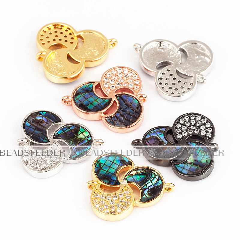 Three leaf flower connector，with abalone shell chips，clear cubic zirconia CZ micro pave , space connector ,18x16mm 1pc
