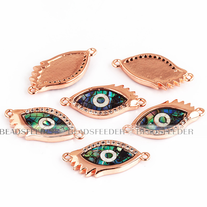 Evil eye connector，with abalone shell chips，clear CZ micro pave , space connector ,22x10mm