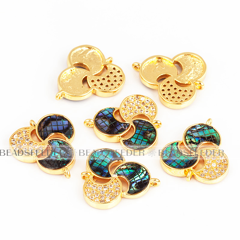 Three leaf flower connector，with abalone shell chips，clear cubic zirconia CZ micro pave , space connector ,18x16mm 1pc