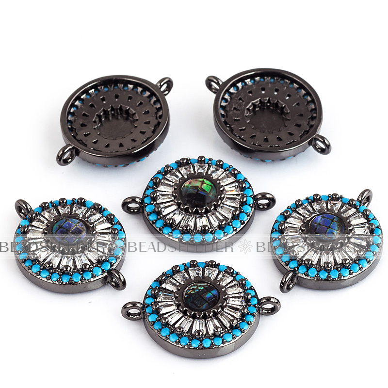 Donut evil eye connector，with abalone shell chips，clear CZ micro pave , space connector ,20x15mm