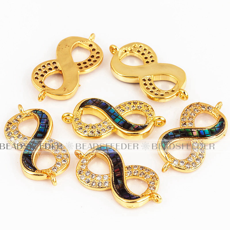 Eternity link connector，with white abalone shell chips，clear cubic zirconia CZ micro pave , space connector ,23x11mm