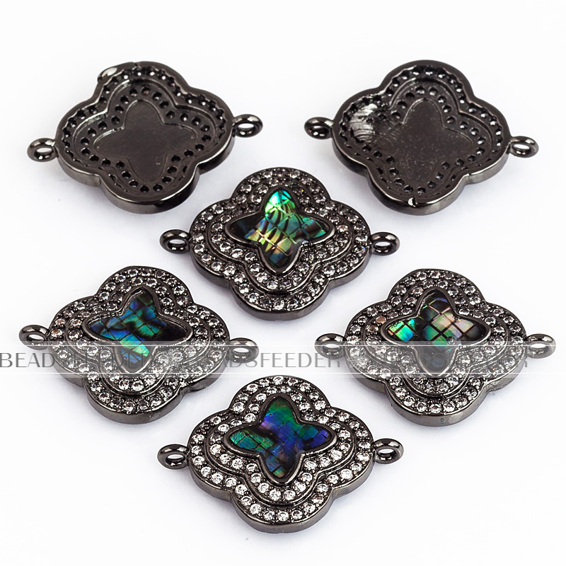 Clover flower connector，with abalone shell chips，clear cubic zirconia CZ micro pave , space connector ,20x15mm