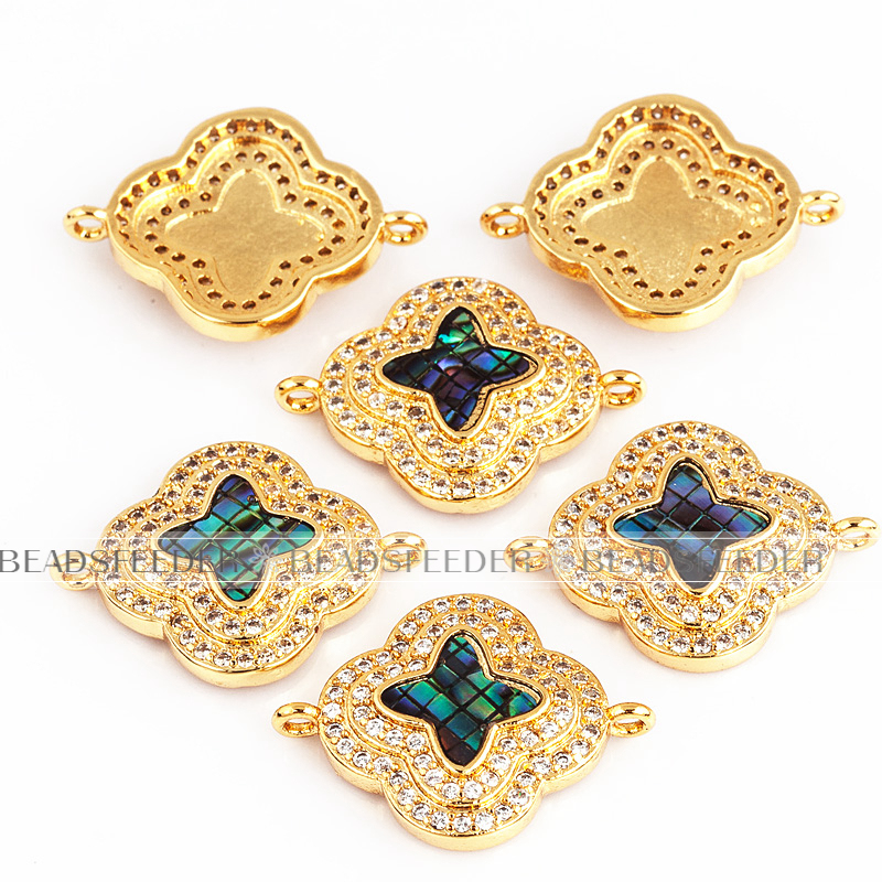 Clover flower connector，with abalone shell chips，clear cubic zirconia CZ micro pave , space connector ,20x15mm