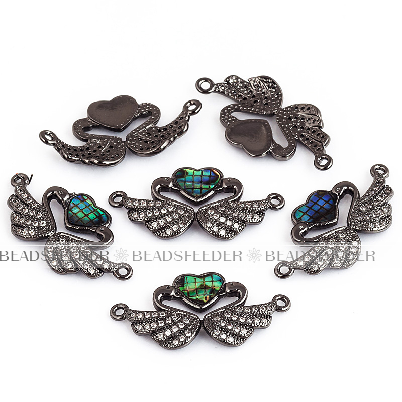 Twin swan with heart connector，with abalone shell chips，clear cubic zirconia CZ micro pave , space connector ,28x14mm