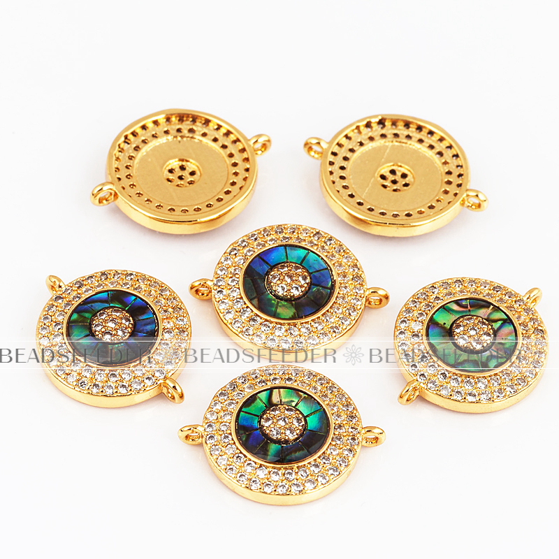 Evil eye connector，with abalone shell chips，clear CZ micro pave , space connector ,19x14.5mm 1pc