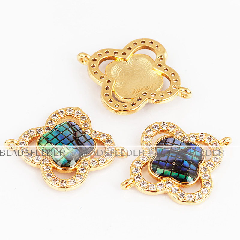 Clover flower connector，with abalone shell chips，clear cubic zirconia CZ micro pave , space connector ,22x18mm