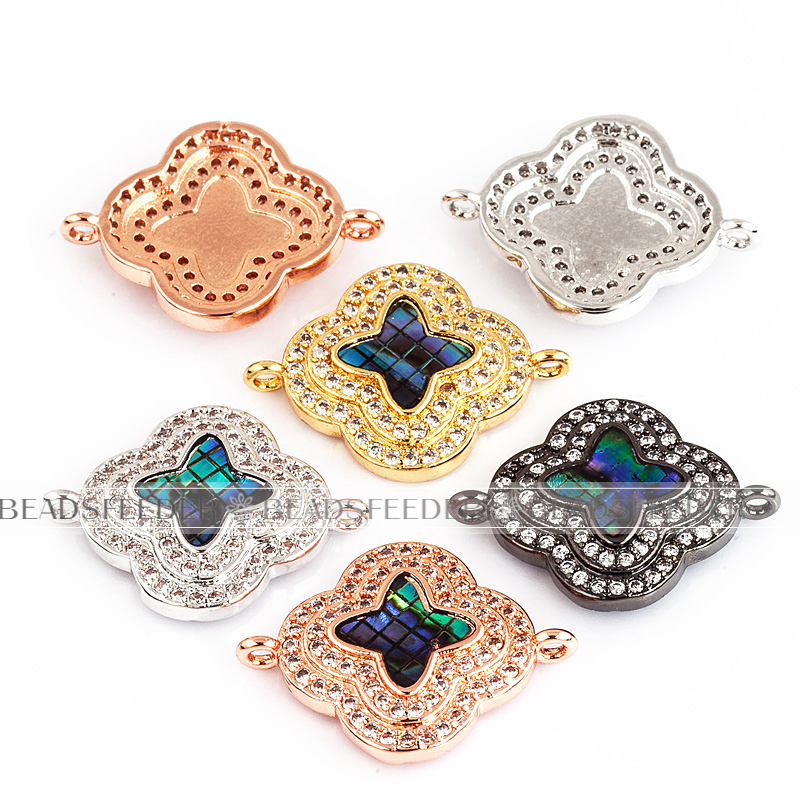 Clover flower connector，with abalone shell chips，clear cubic zirconia CZ micro pave , space connector ,20x15mm