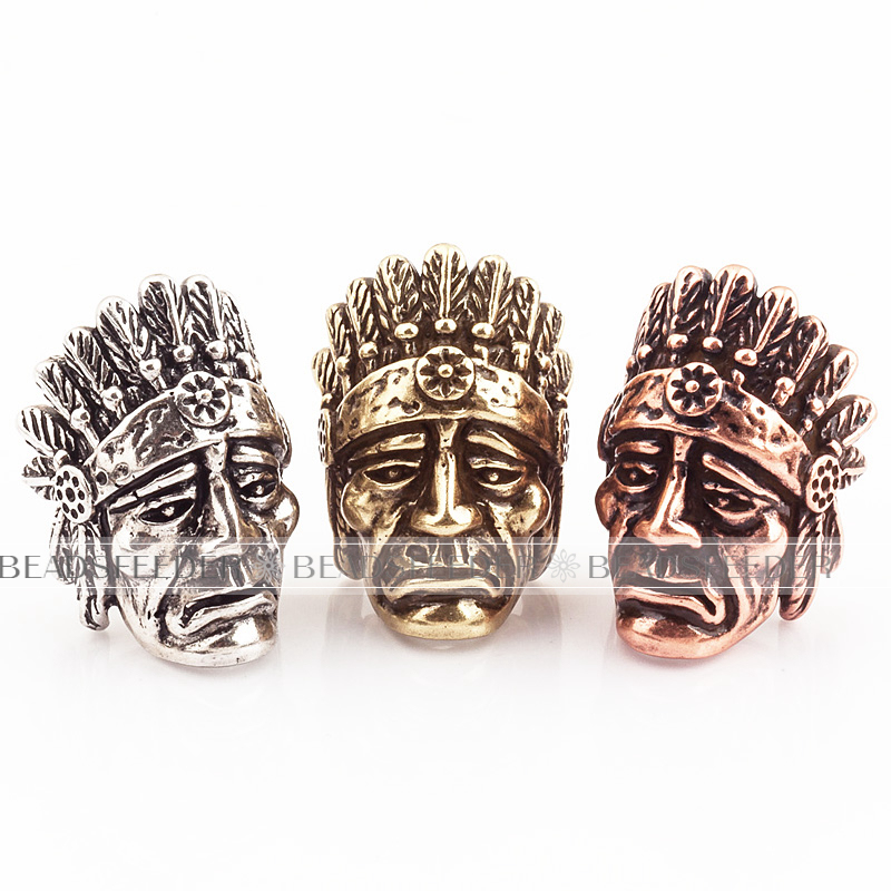 Indian Chief Head Bead,antique style 550 Paracord Bead Skull Charm,fit for EDC Survival Bracelet Lanyard,22x15x13mm