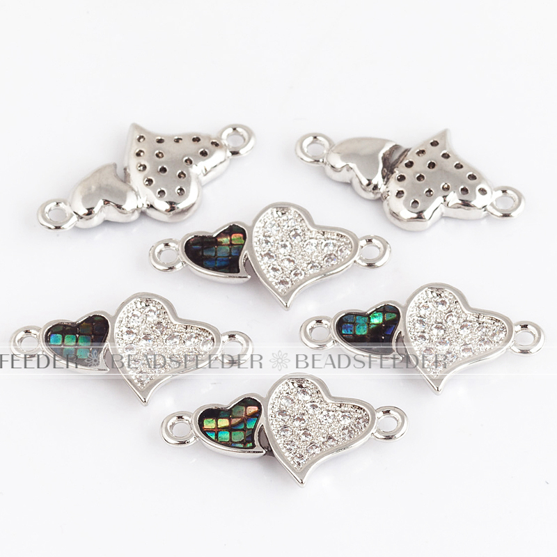 Twin heart link connector，with abalone shell chips，clear cubic zirconia CZ micro pave , space connector for bracelet ,19x10x2mm 1pc