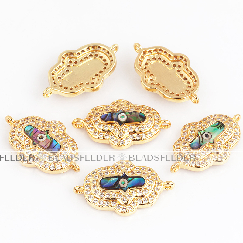 Hamsa Hand link connector，with abalone shell chips，clear CZ micro pave , space connector ,21.5x13x4mm