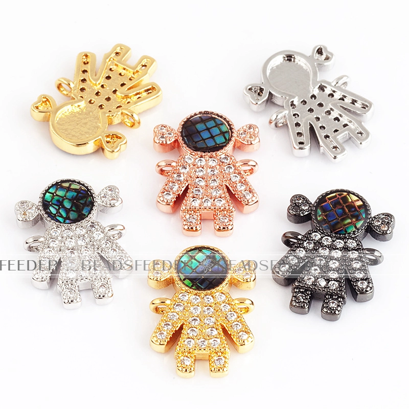 Family girl connector，with abalone shell chips，clear cubic zirconia CZ micro pave , space connector ,13x18x3mm