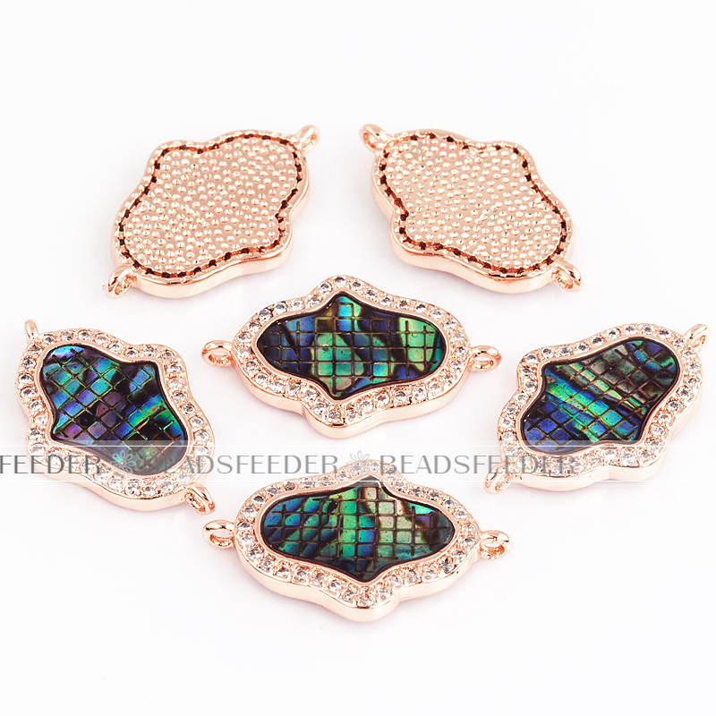 Hamsa Hand link connector，with abalone shell chips，clear CZ micro pave , space connector ,25x10x2.5mm 1pc