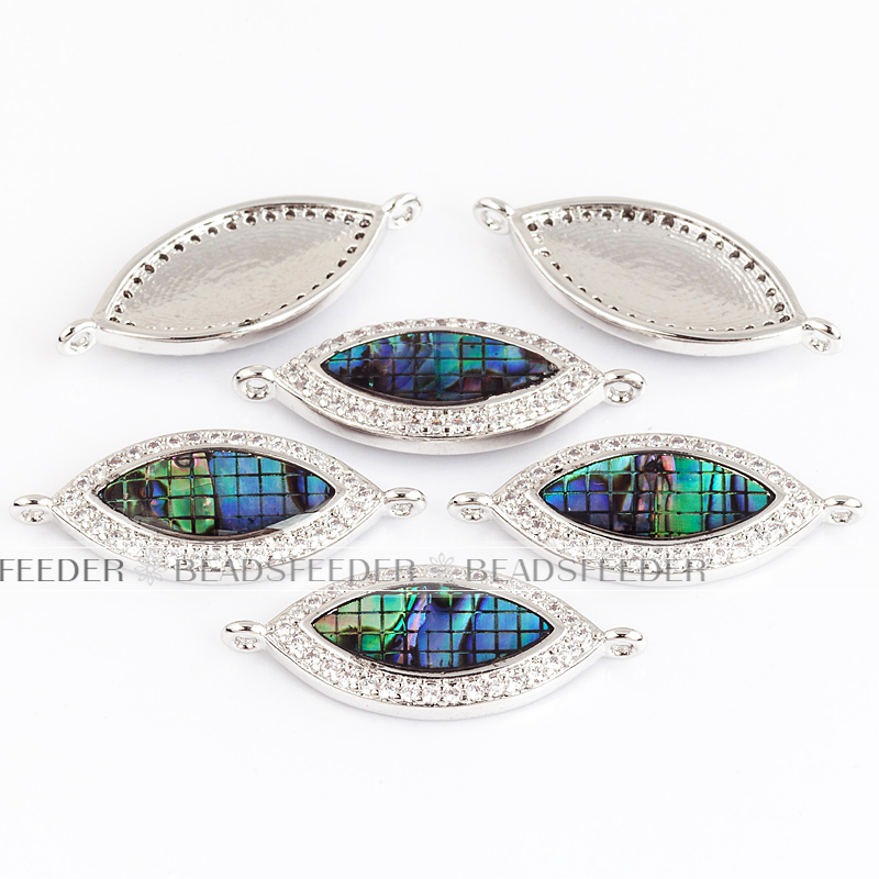 Evil eye connector，with abalone shell chips，clear CZ micro pave , space connector ,22x10mm