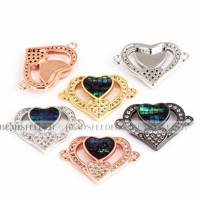 Twin heart link connector，with abalone shell chips，clear cubic zirconia CZ micro pave , space connector for bracelet ,21x15x3mm 1pc