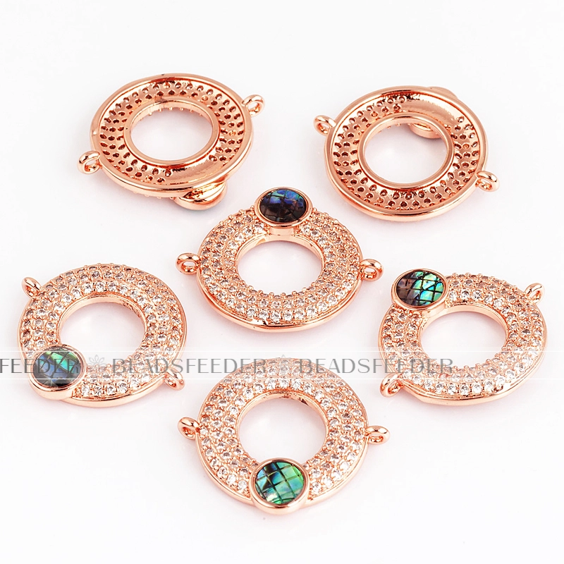 Donut  connector，with abalone shell chips，clear CZ micro pave , space connector ,22x19x3mm 1pc