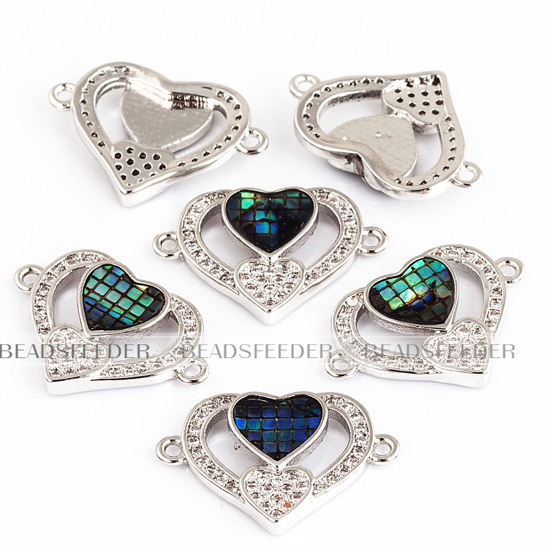 Twin heart link connector，with abalone shell chips，clear cubic zirconia CZ micro pave , space connector for bracelet ,21x15x3mm 1pc