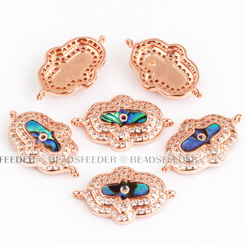 Hamsa Hand link connector，with abalone shell chips，clear CZ micro pave , space connector ,21.5x13x4mm