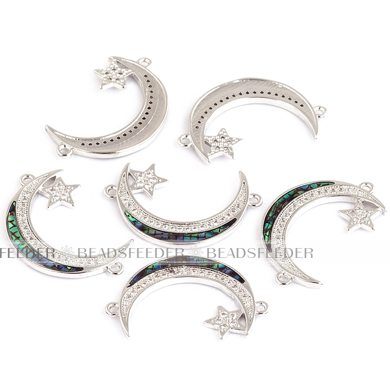 Half moon Star crescent connector，with abalone shell chips，clear cubic zirconia CZ micro pave , space connector ,30x19x2mm 1pc