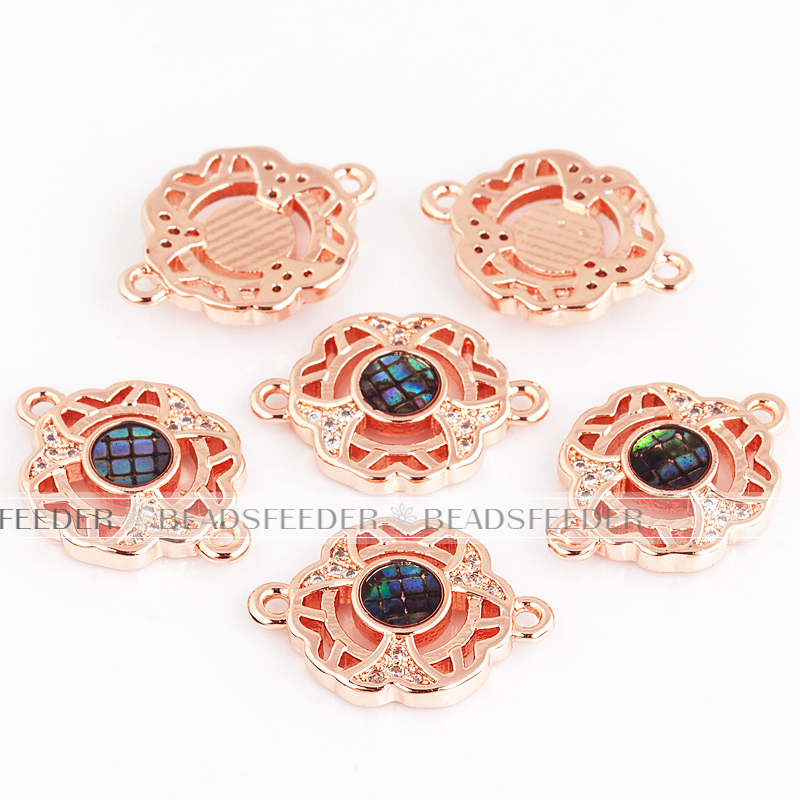 Hallow flower connector，with abalone shell chips，clear cubic zirconia CZ micro pave , space connector ,18x13x3mm 1pc