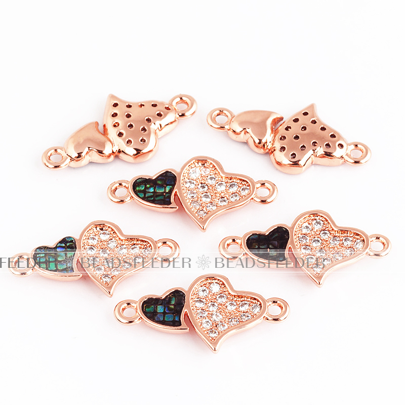 Twin heart link connector，with abalone shell chips，clear cubic zirconia CZ micro pave , space connector for bracelet ,19x10x2mm 1pc