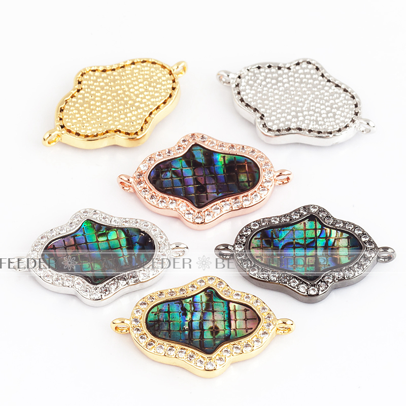 Hamsa Hand link connector，with abalone shell chips，clear CZ micro pave , space connector ,25x10x2.5mm 1pc