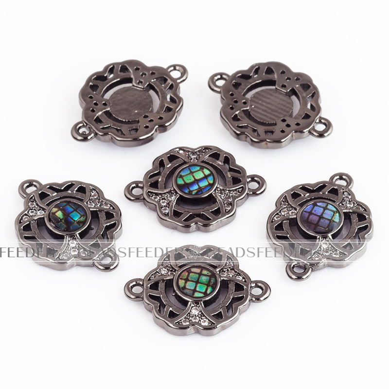 Hallow flower connector，with abalone shell chips，clear cubic zirconia CZ micro pave , space connector ,18x13x3mm 1pc