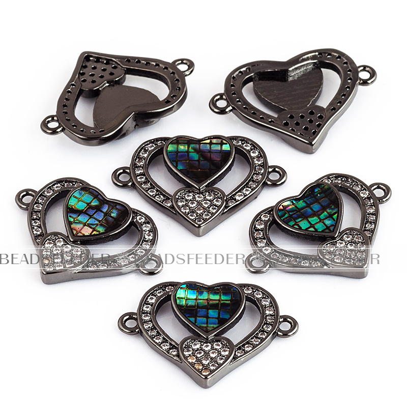 Twin heart link connector，with abalone shell chips，clear cubic zirconia CZ micro pave , space connector for bracelet ,21x15x3mm 1pc