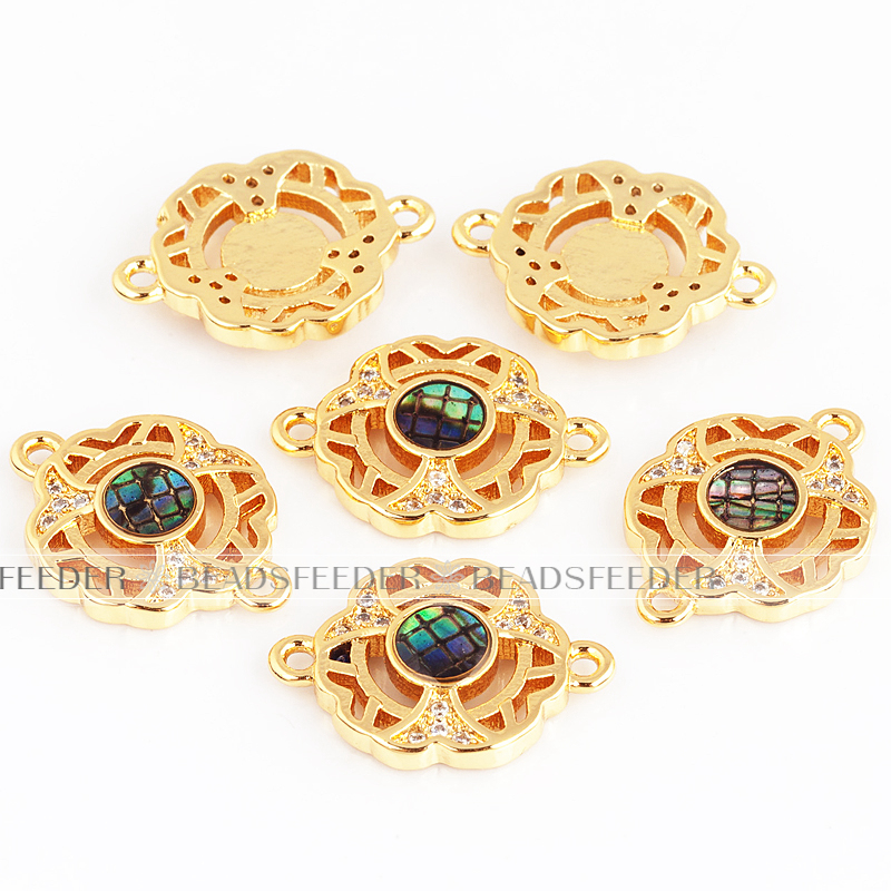 Hallow flower connector，with abalone shell chips，clear cubic zirconia CZ micro pave , space connector ,18x13x3mm 1pc