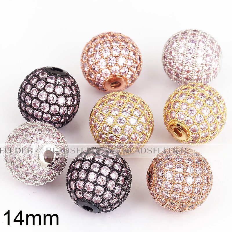 14mm Pink CZ shamballa round ball bead Micro Pave Bead,Clear Cubic Zirconia CZ beads,for men and women Bracelet