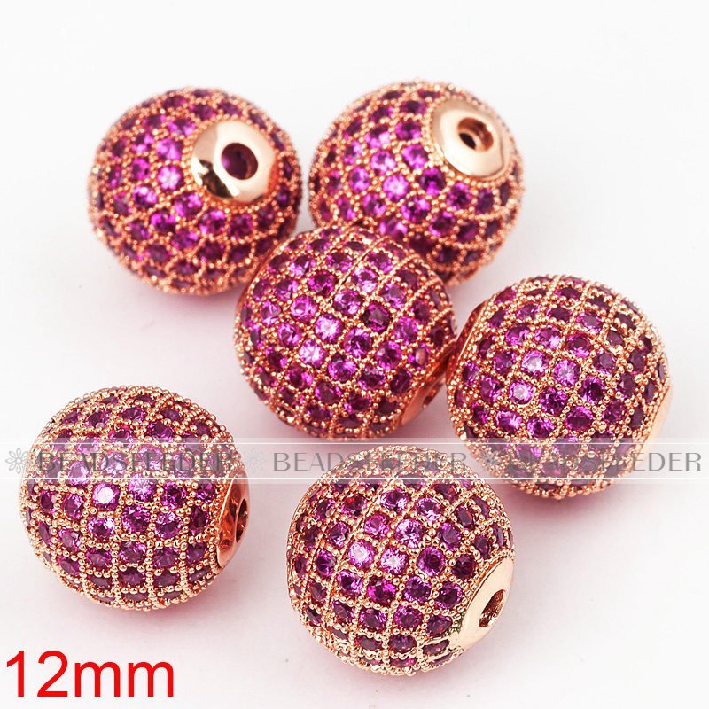 12mm Fuchsia CZ shamballa round ball bead Micro Pave Bead,Clear Cubic Zirconia CZ beads,for men and women Bracelet