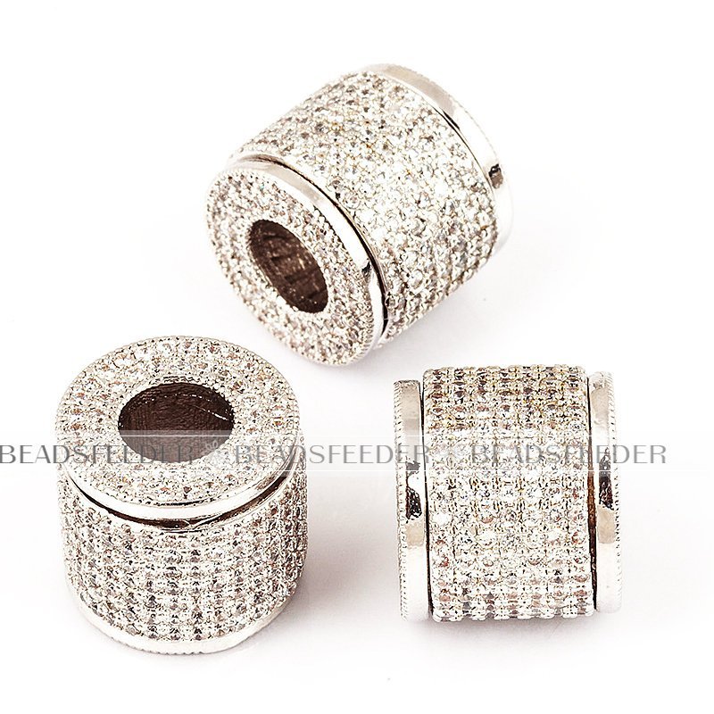 Drum barrel tube space beads, Micro Pave Beads / CZ Bead / Clear Cubic Zirconia beads , Men Bracelet Charms, Bracelet Charms, 12.5mm, 1pcs